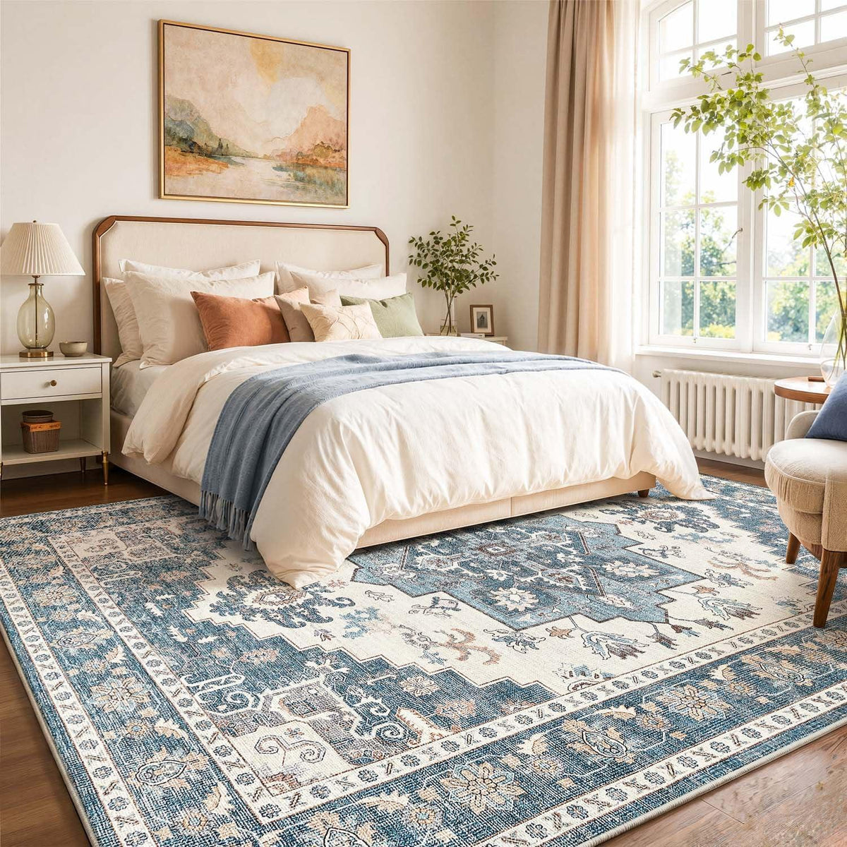 Vintage Kurzflor Teppich Blau 240x340 cm – Waschbar & Faltbar