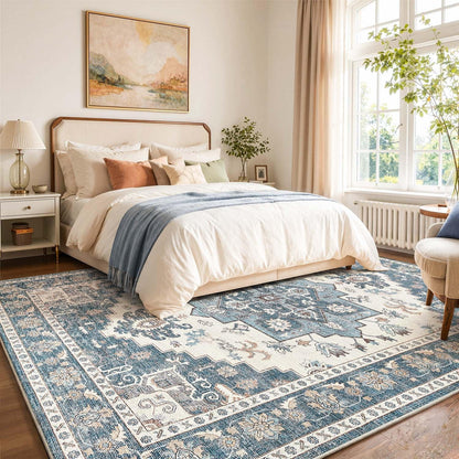 Vintage Kurzflor Teppich Blau 240x340 cm – Waschbar & Faltbar