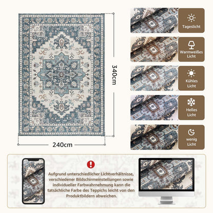 Vintage Kurzflor Teppich Blau 240x340 cm – Waschbar & Faltbar