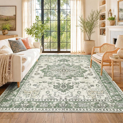 Vintage Kurzflor Teppich Grün 200x280 cm – Waschbar & Faltbar