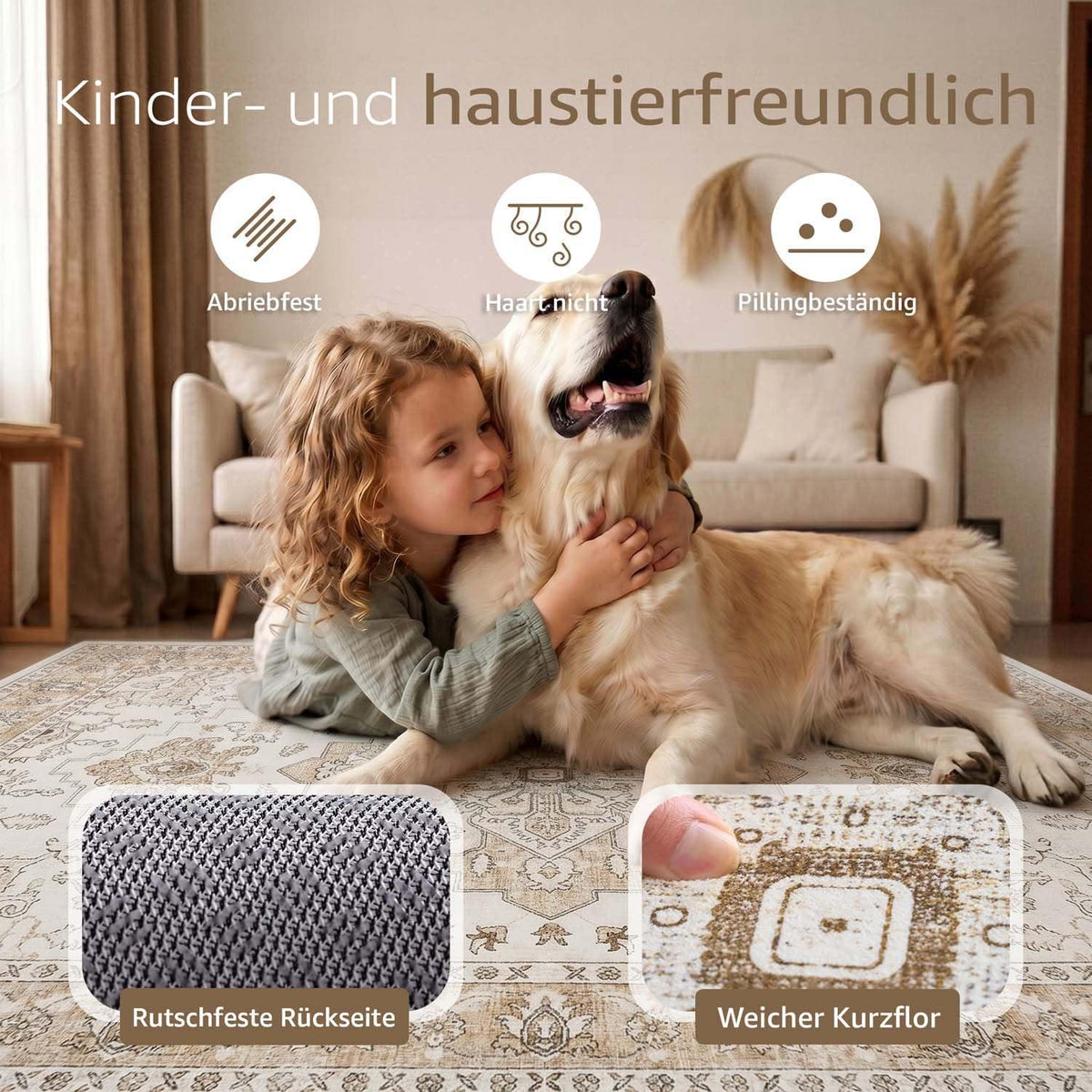 Vintage Kurzflor Teppich 160x220 Beige – Waschbar & Faltbar