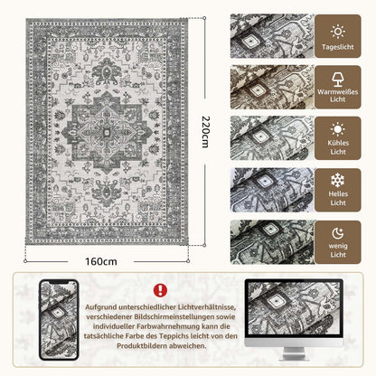 Vintage Kurzflor Teppich Grau 160x220 cm – Waschbar & Faltbar