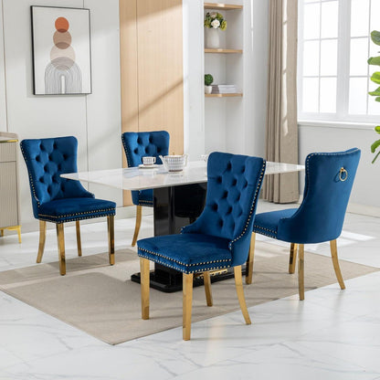 Esszimmerstühle Set 4 Blau & Gold, Samt, Hohe Rückenlehne