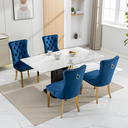Esszimmerstühle Set 4 Blau & Gold, Samt, Hohe Rückenlehne