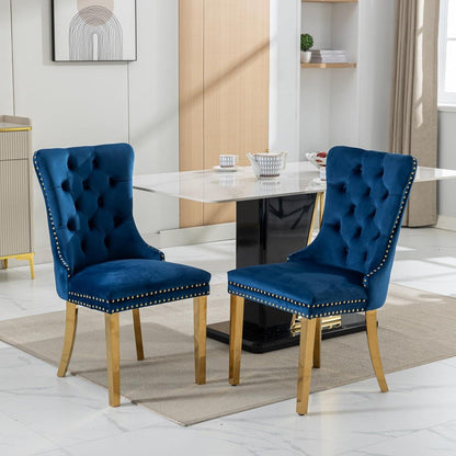 Esszimmerstühle Set 4 Blau & Gold, Samt, Hohe Rückenlehne