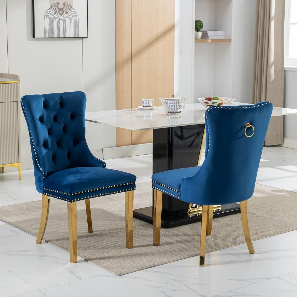Esszimmerstühle Set 4 Blau & Gold, Samt, Hohe Rückenlehne