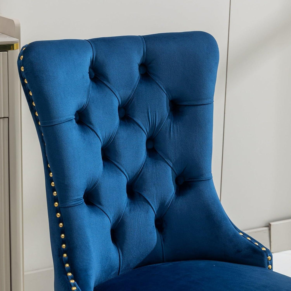 Esszimmerstühle Set 4 Blau & Gold, Samt, Hohe Rückenlehne