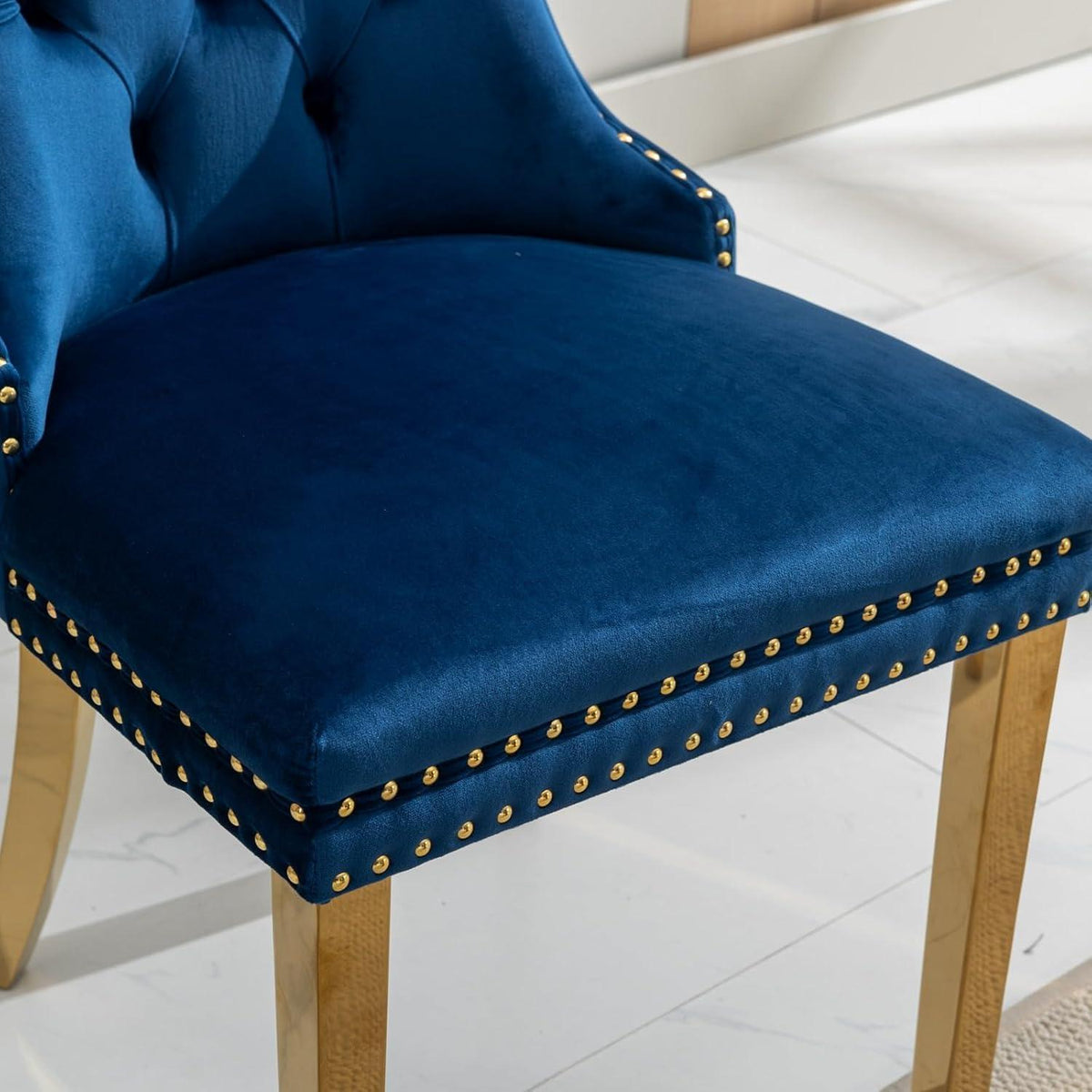 Esszimmerstühle Set 4 Blau & Gold, Samt, Hohe Rückenlehne