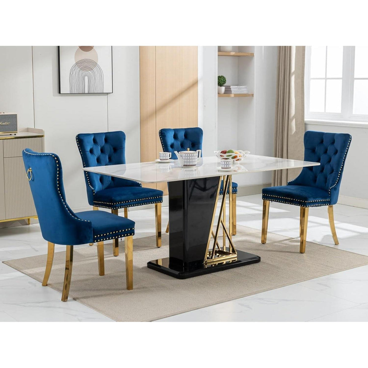 Esszimmerstühle 6er Set, Samt & Goldene Beine, Blau