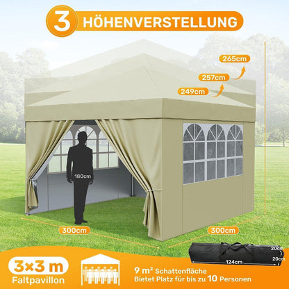 3x3 Pavillon wasserdicht mit Seitenwänden – Partyzelt für Garten