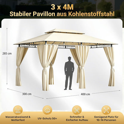 Gartenpavillon 3x4 Wasserdicht mit Seitenwänden & UV-Schutz