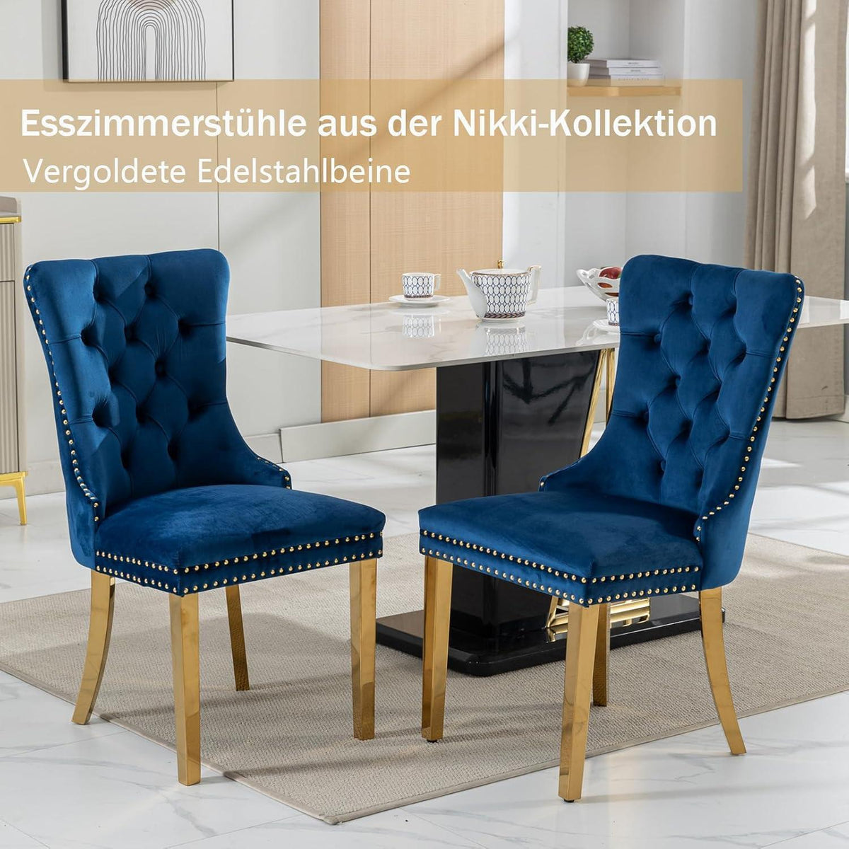 8x Samt Esszimmerstühle mit goldenen Beinen – Modern & Komfortabel
