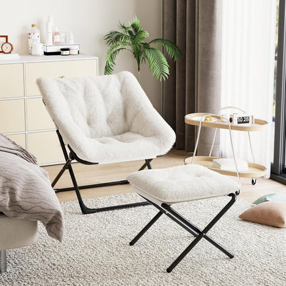 Klappbarer Lesesessel mit Fußhocker – Cremeweiß