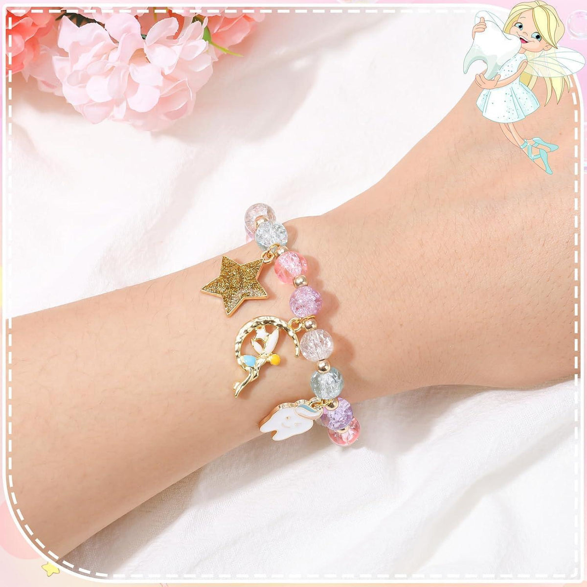 Zahnfee Geschenk Mädchen: Perlenarmband mit Postkarte