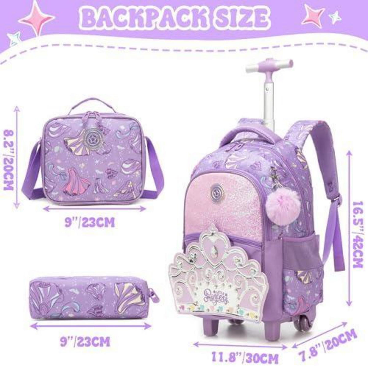 Schulrucksack Trolley Mädchen Krone Design – Lila Kinderrucksack mit Rollen
