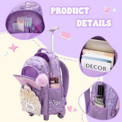 Schulrucksack Trolley Mädchen Krone Design – Lila Kinderrucksack mit Rollen
