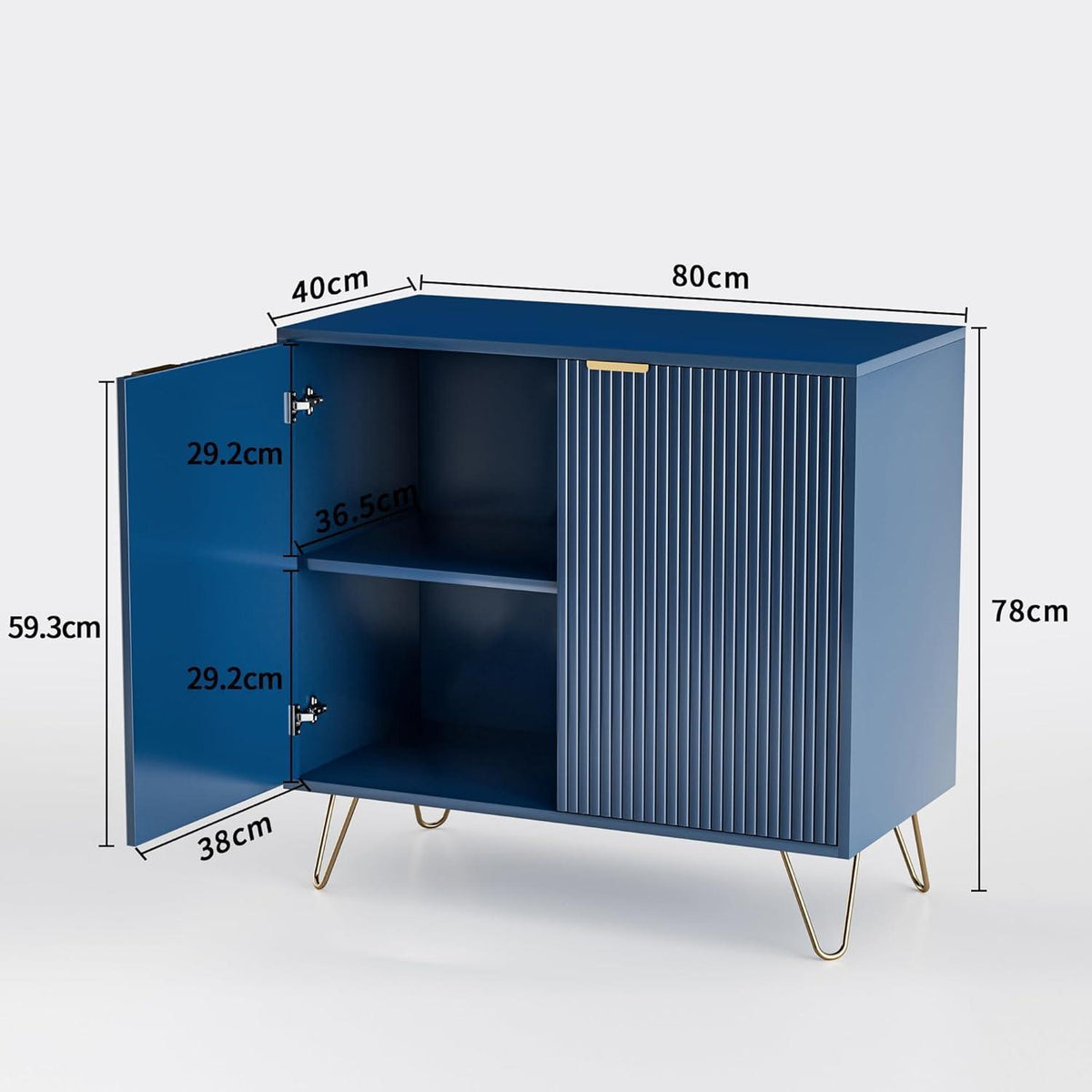 Modernes Sideboard Blau mit 2 Türen & Stauraum, Goldene Metallbeine