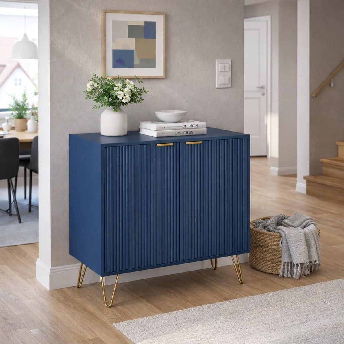 Modernes Sideboard Blau mit 2 Türen & Stauraum, Goldene Metallbeine