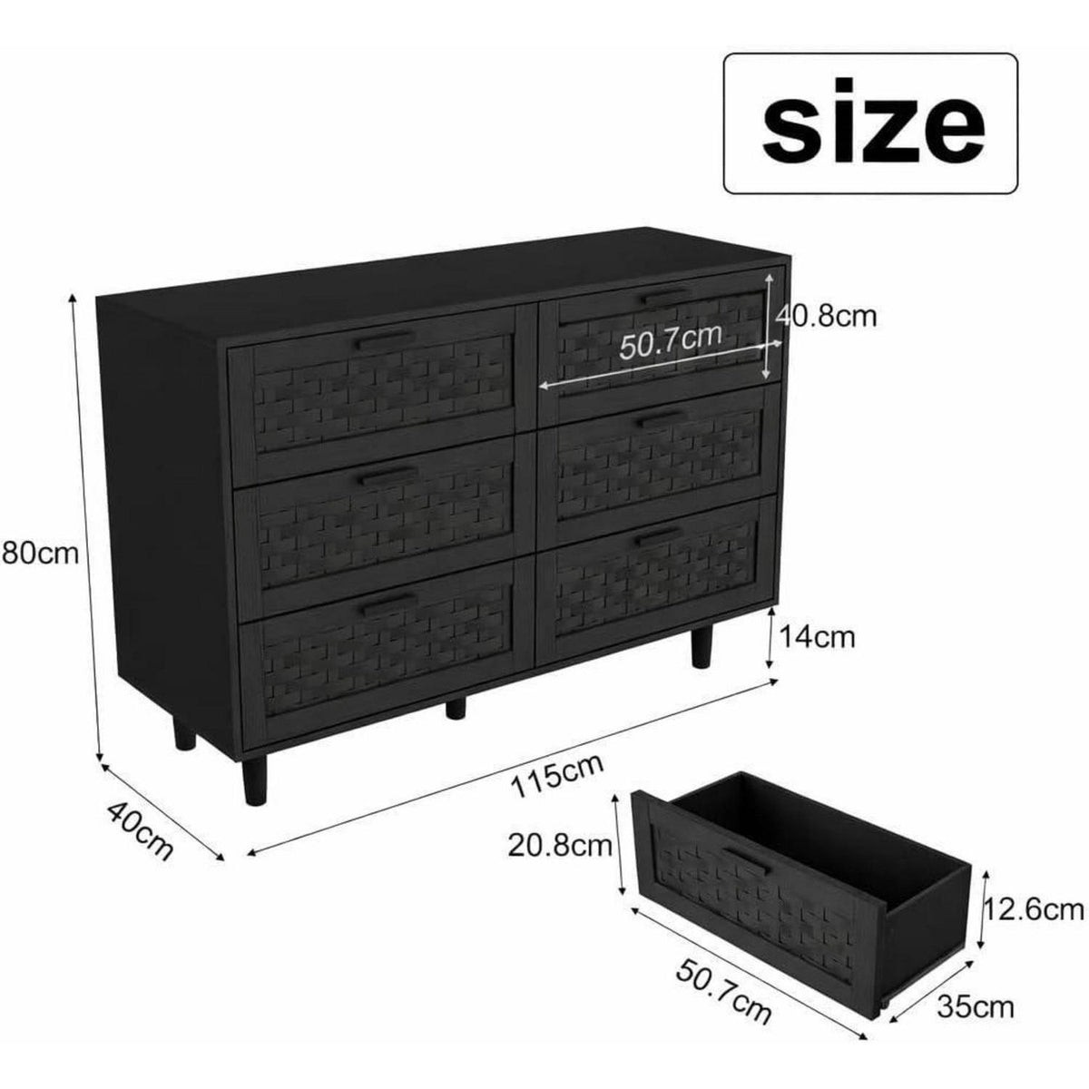 Kommode 6 Schubladen Rattan Optik – Schlafzimmer Sideboard Schwarz