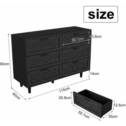 Kommode 6 Schubladen Rattan Optik – Schlafzimmer Sideboard Schwarz