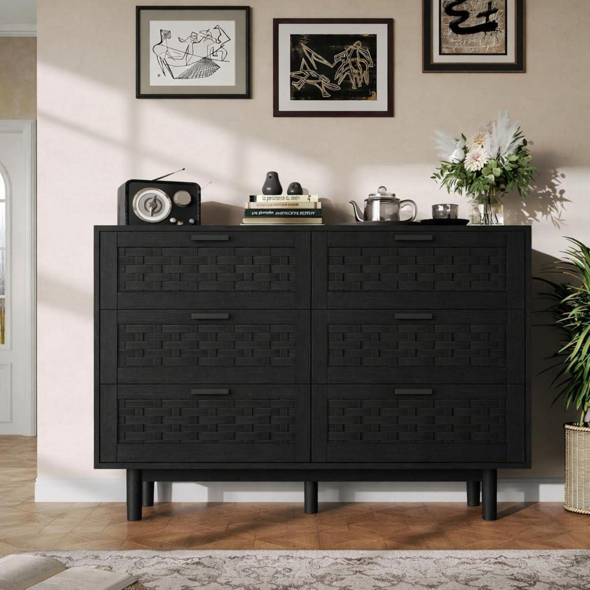 Kommode 6 Schubladen Rattan Optik – Schlafzimmer Sideboard Schwarz