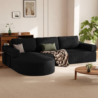 Ecksofa Schlaffunktion Cord Schwarz – Cloud Couch mit Chaise Longue