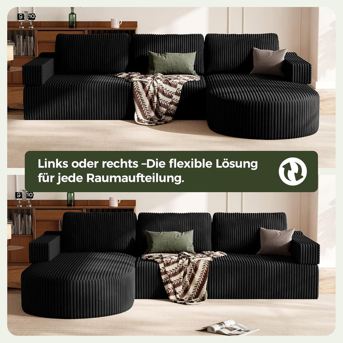 Ecksofa Schlaffunktion Cord Schwarz – Cloud Couch mit Chaise Longue