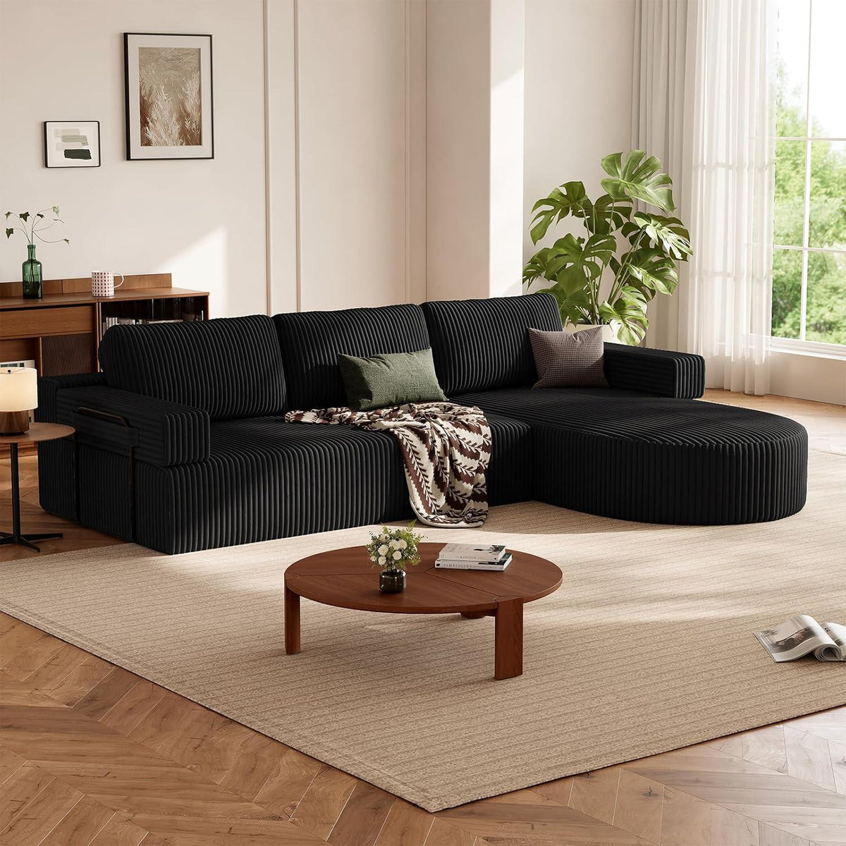 Ecksofa Schlaffunktion Cord Schwarz – Cloud Couch mit Chaise Longue