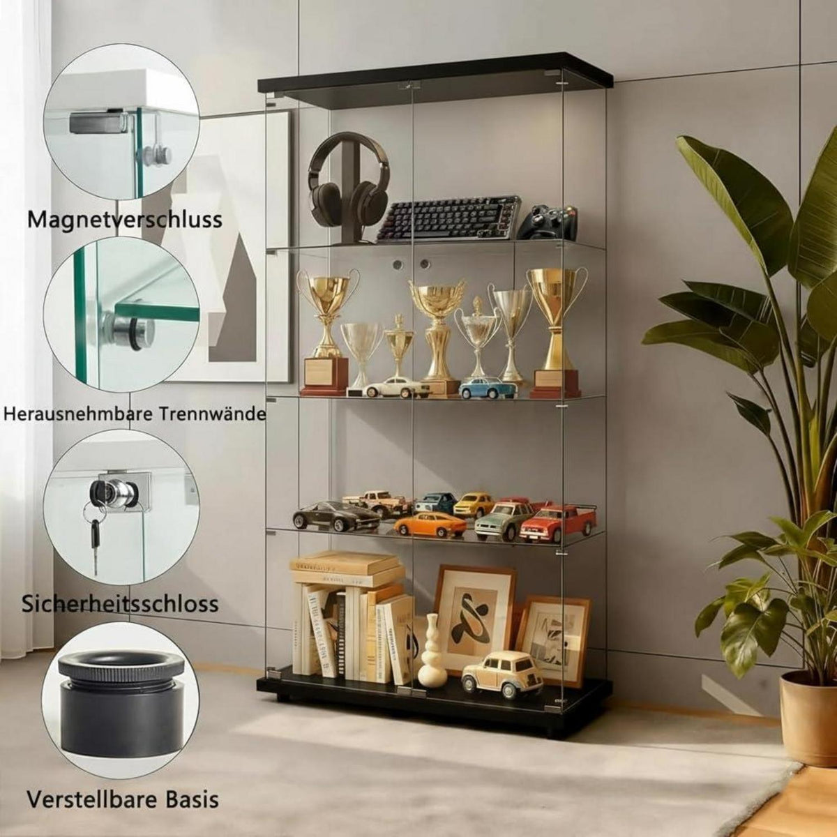Standvitrine Glas 164cm | 2 Türen, 4 Böden, Schwarz