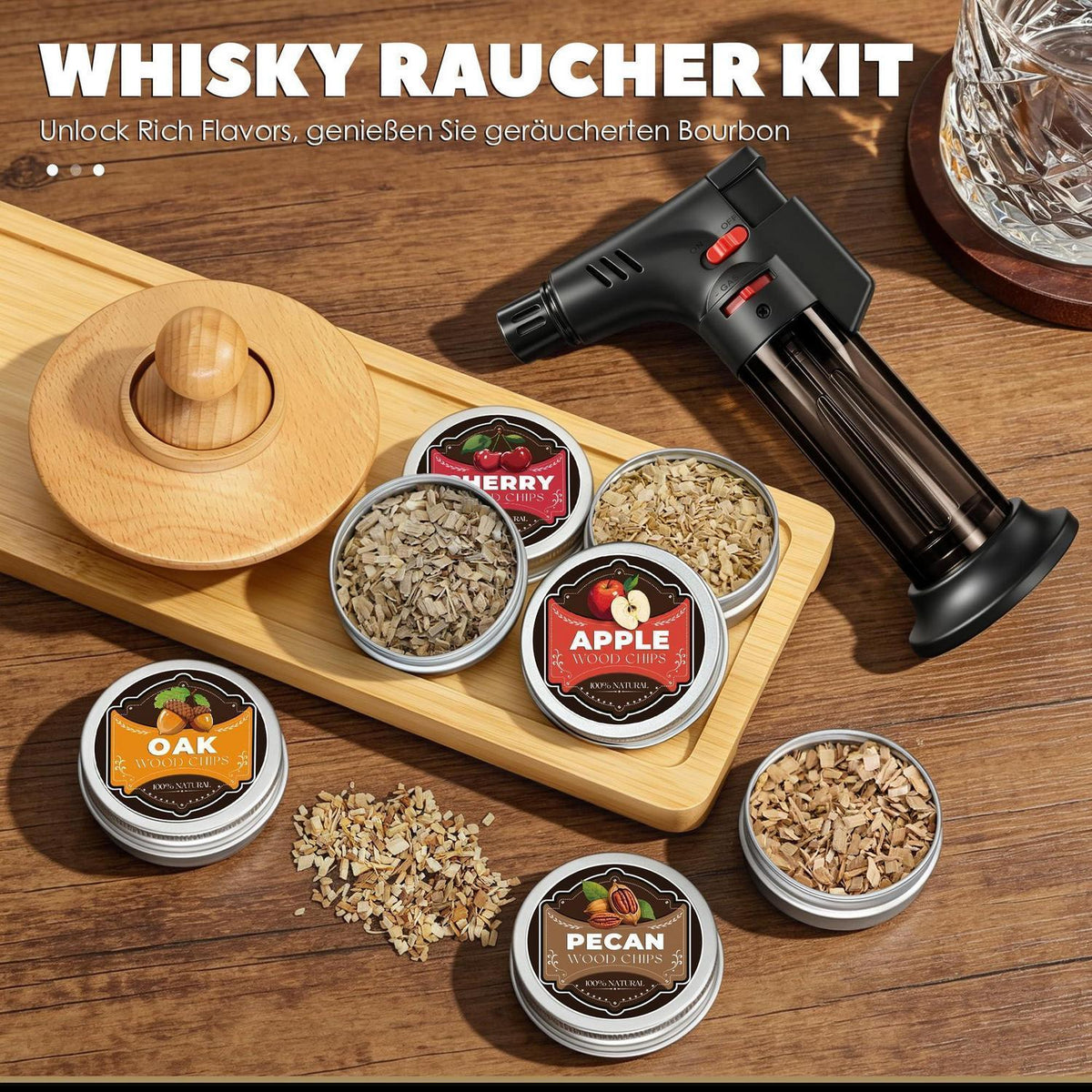 Whisky Räucher Set mit Brenner & 4 Holzsorten – Geschenk für Männer