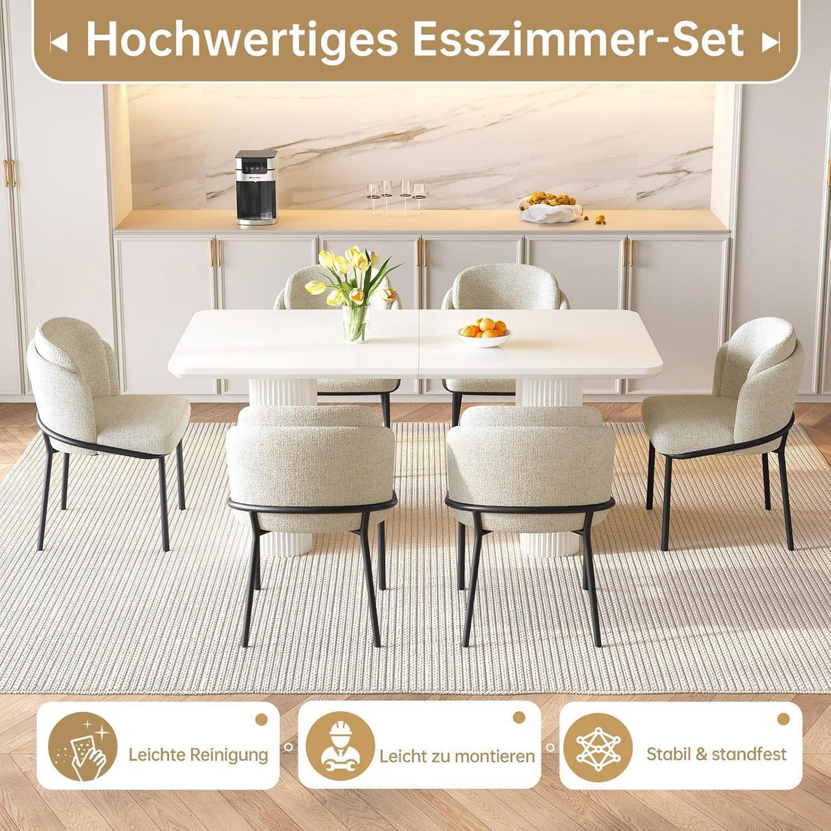 7-teilige Essgruppe Creme Weiß – Skandinavisch Modern