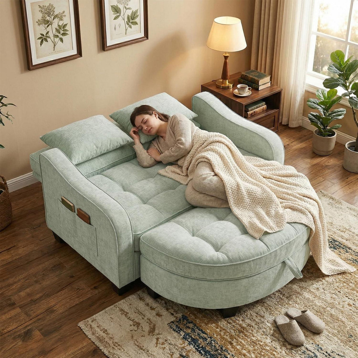 Schlafsofa Klein mit Hocker & Kissen – Cyan