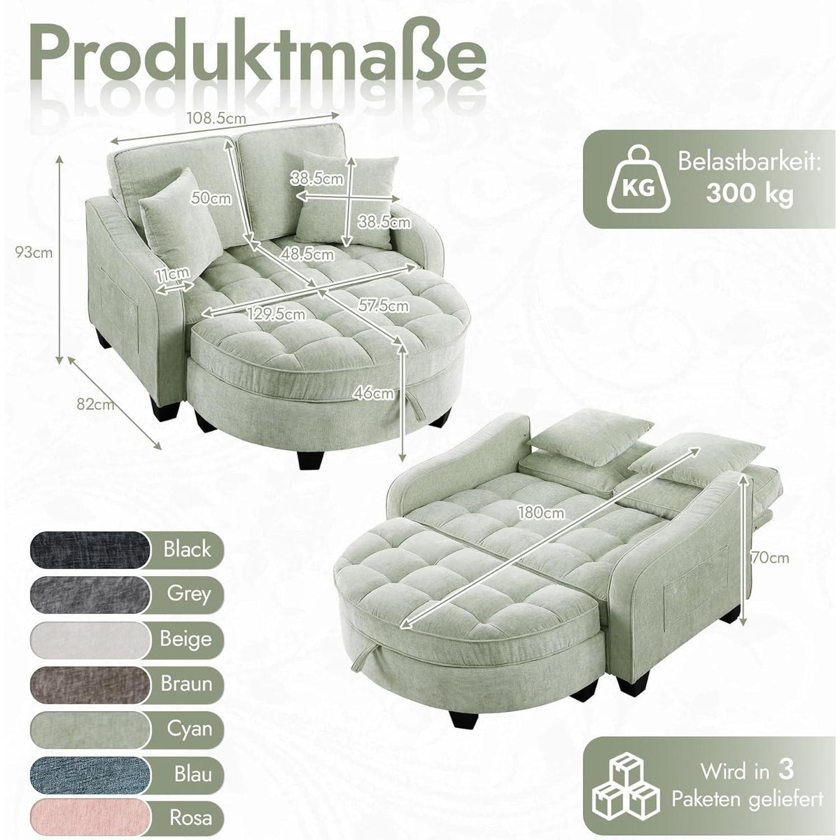 Schlafsofa Klein mit Hocker & Kissen – Cyan