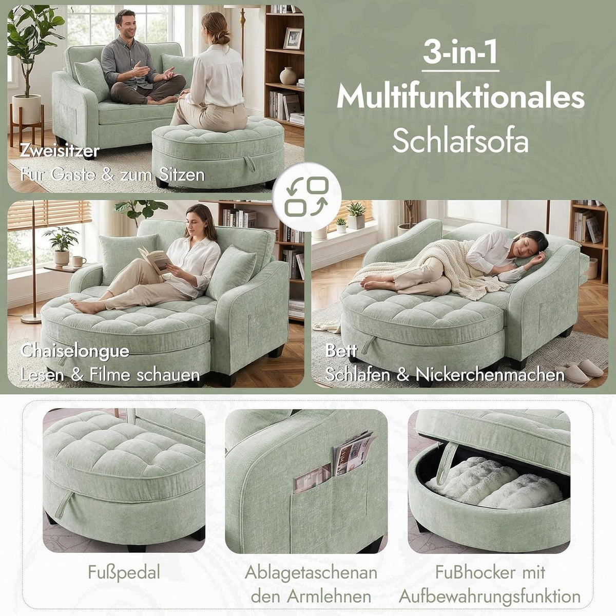 Schlafsofa Klein mit Hocker & Kissen – Cyan