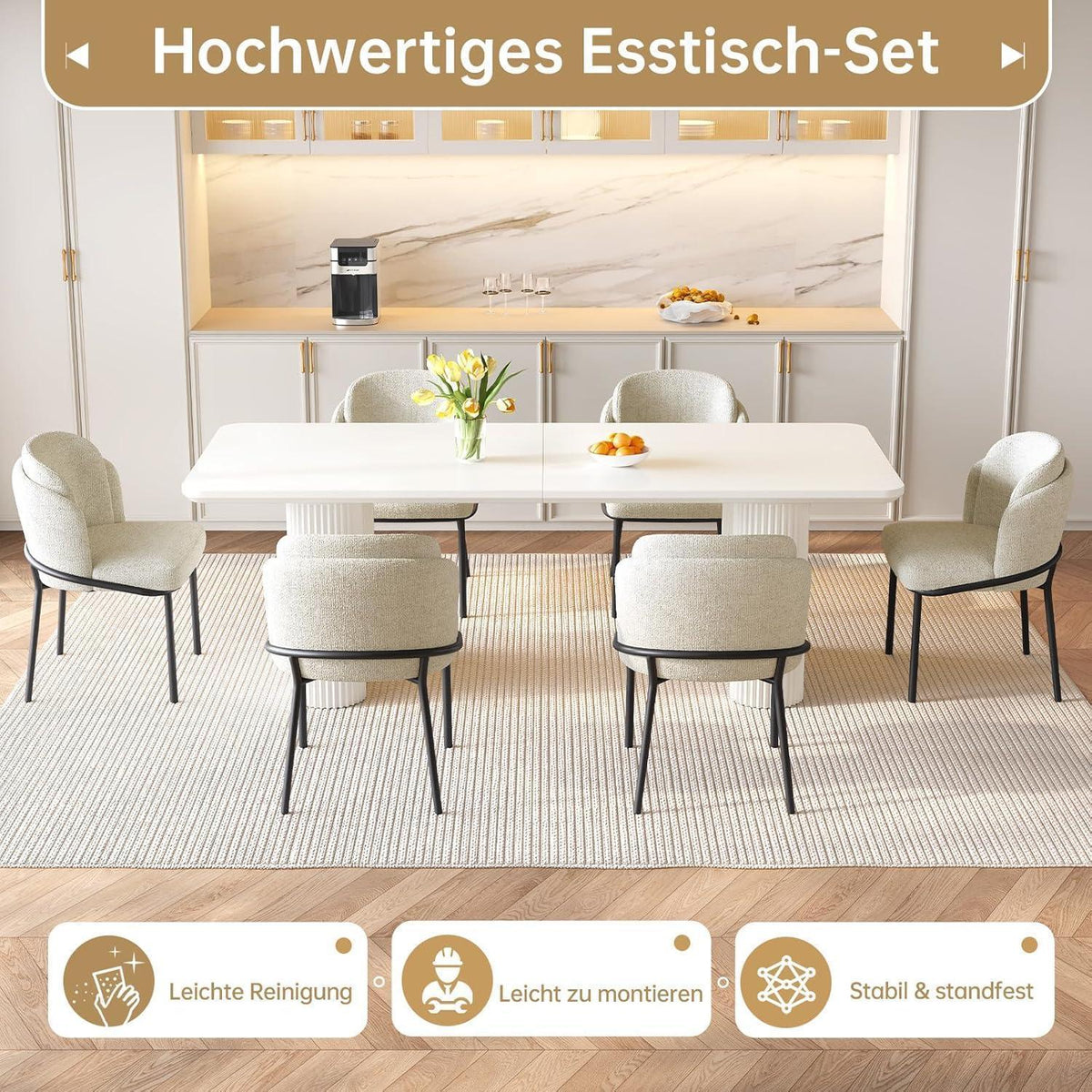 7-teilige Essgruppe Creme Weiß – Skandinavisch Modern