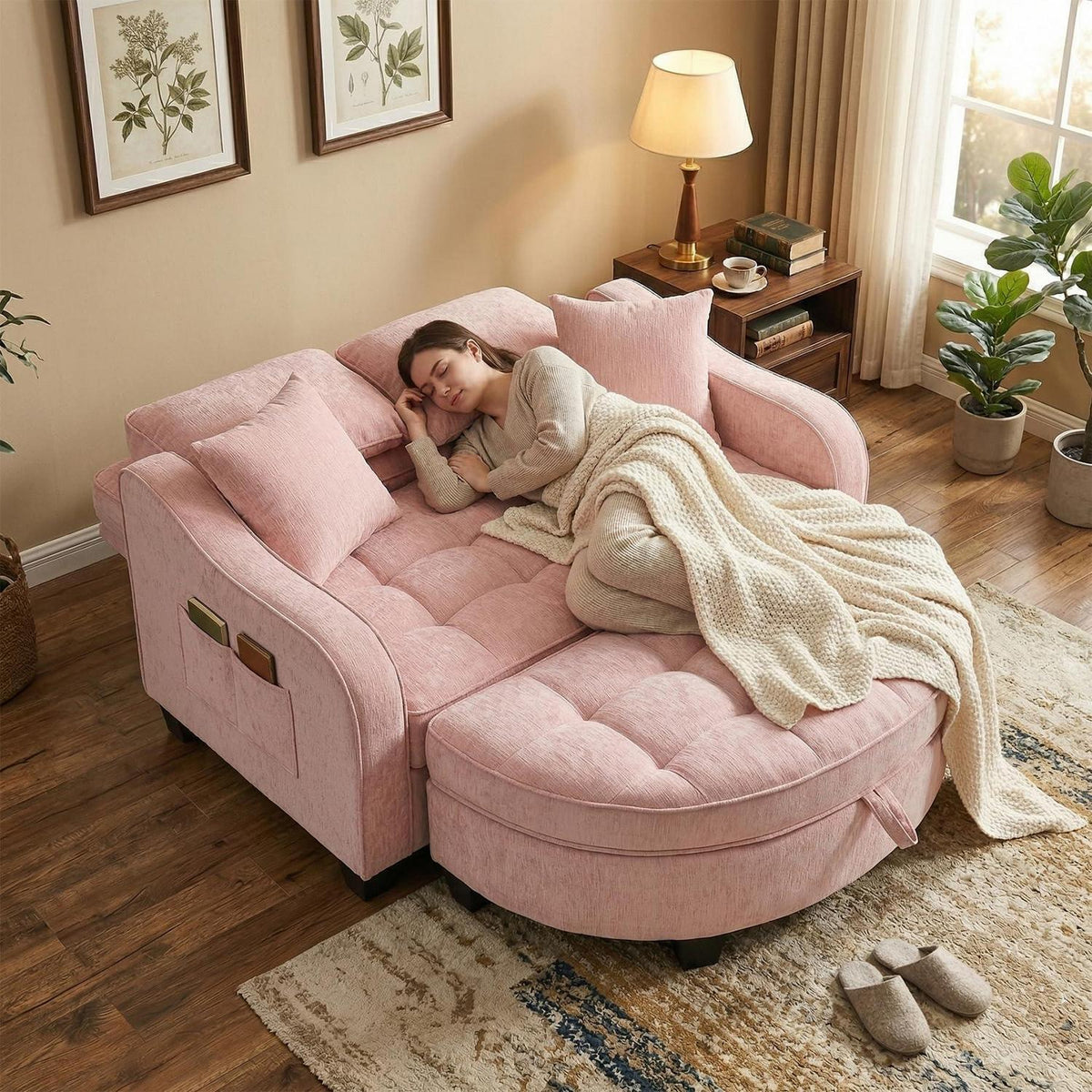 Schlafsofa Klein Rosa – 2-in-1 mit Hocker & Kissen