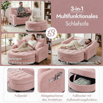 Schlafsofa Klein Rosa – 2-in-1 mit Hocker & Kissen