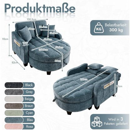 Schlafsofa Klein Blau – 2-in-1 mit Hocker & Kissen