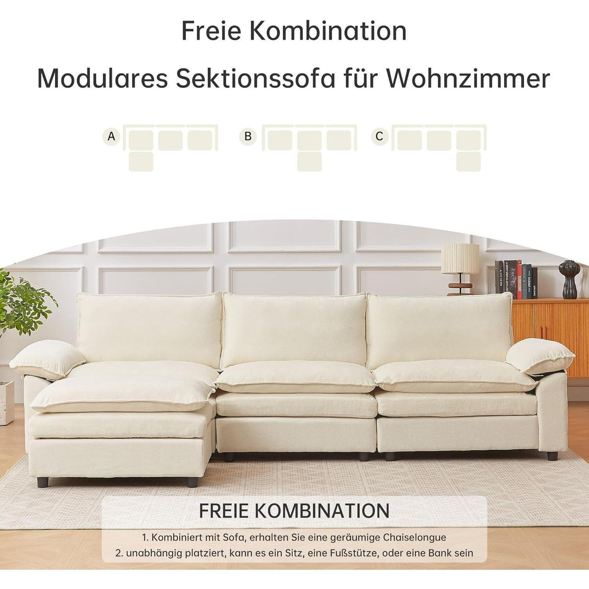 JIEXI Ecksofa mit Schlaffunktion – Beige, 288x132 cm
