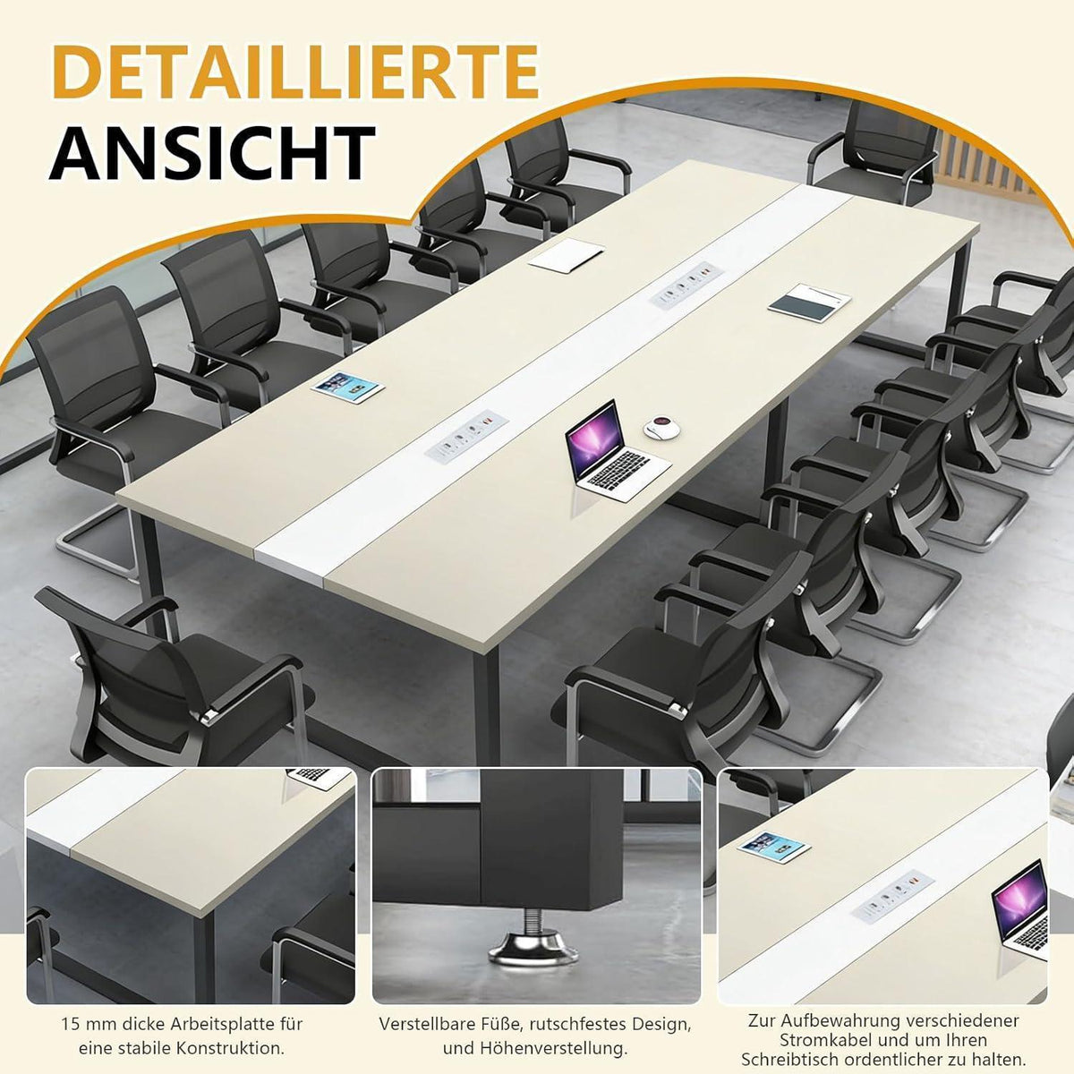 Konferenztisch groß mit Kabeldurchführung – Modern & Stabil