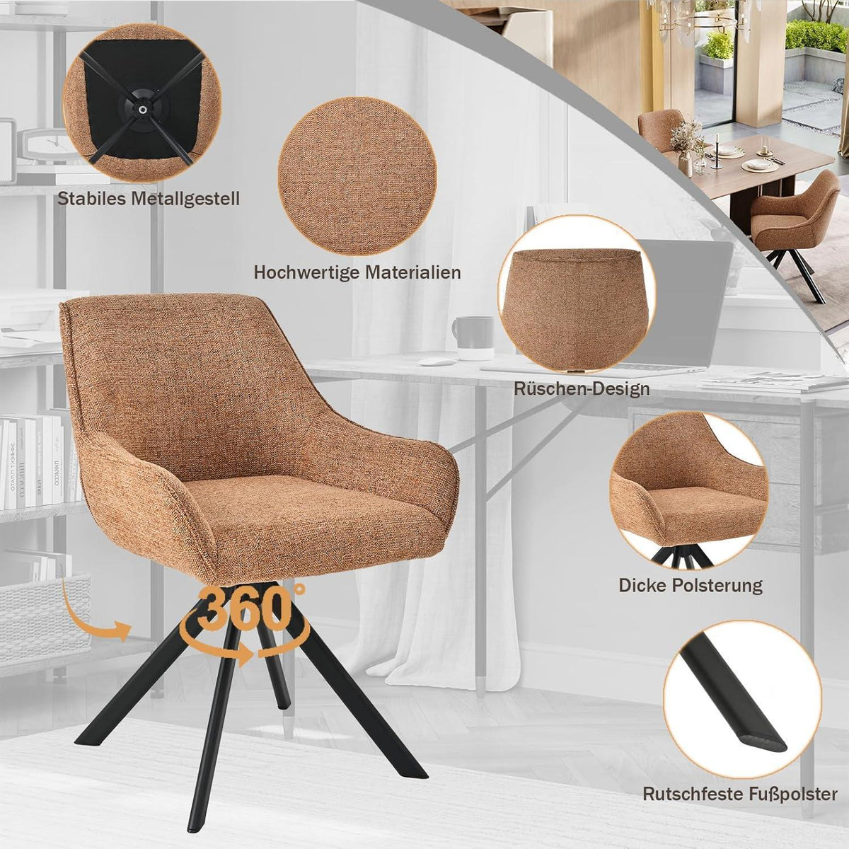 Drehbarer Esszimmerstuhl Set 6er – Chenille, Camelbraun