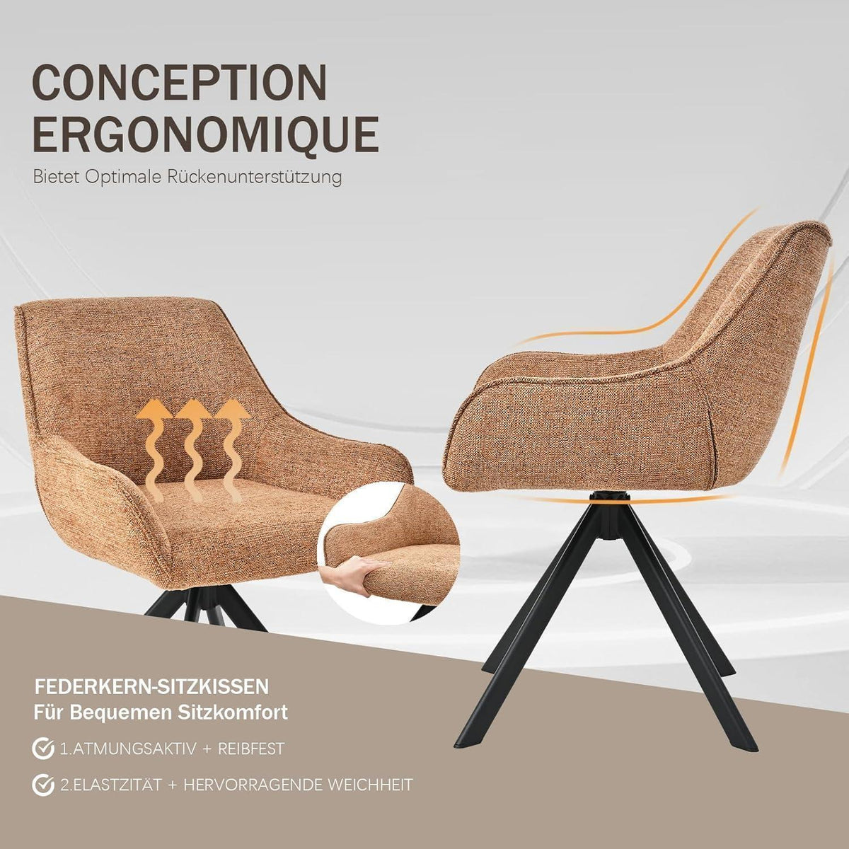 Drehbarer Esszimmerstuhl Set 6er – Chenille, Camelbraun