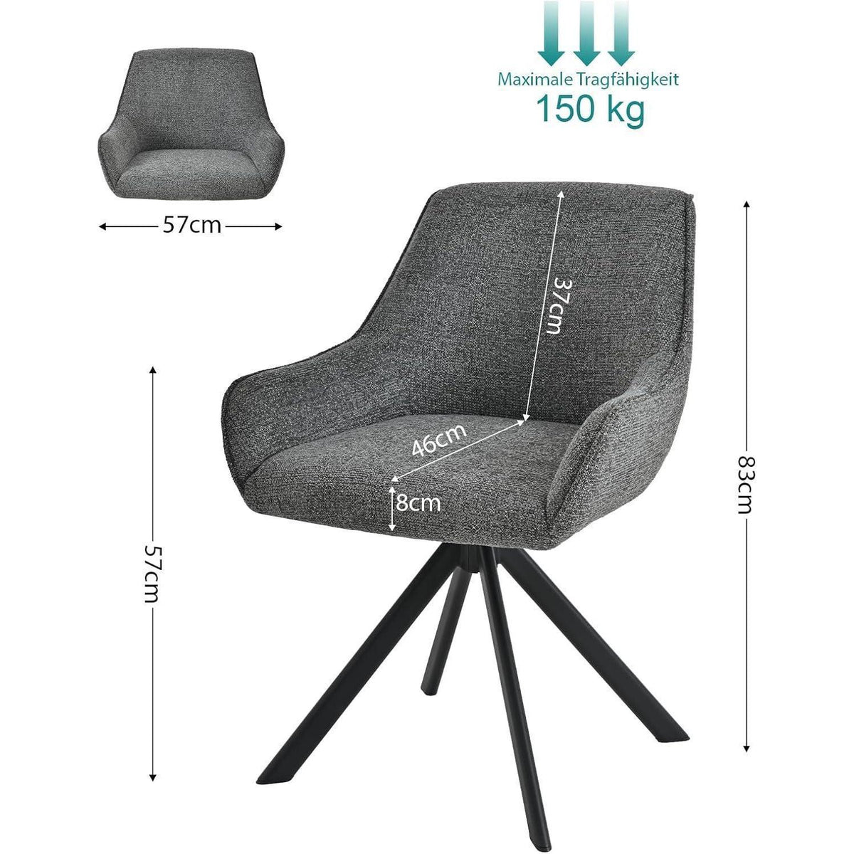 Drehbarer Esszimmerstuhl Set 6er – Grau, Chenille & Metallgestell