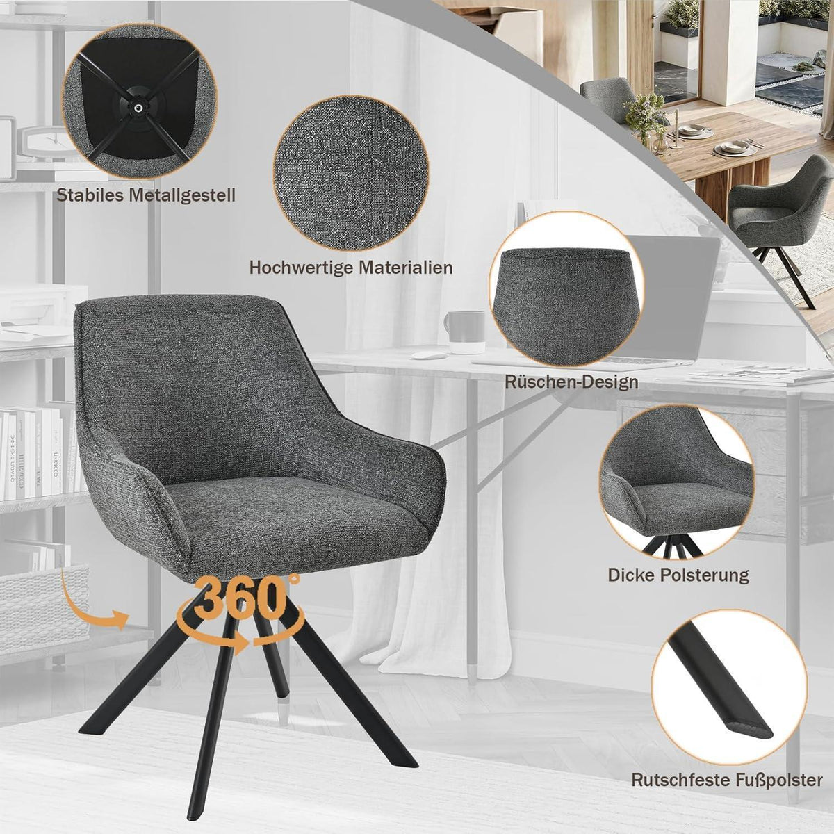 Drehbarer Esszimmerstuhl Set 6er – Grau, Chenille & Metallgestell
