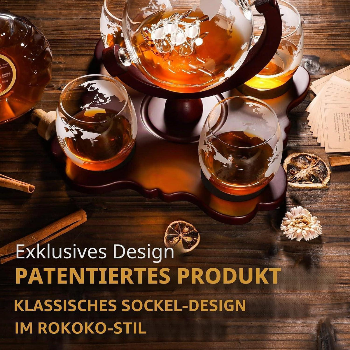 Globus Whiskey Karaffe Set mit 4 Gläsern & Geschenkbox