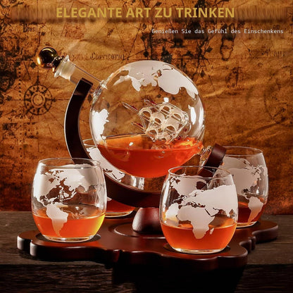Globus Whiskey Karaffe Set mit 4 Gläsern & Geschenkbox