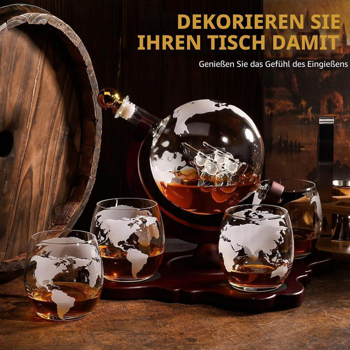 Globus Whiskey Karaffe Set mit 4 Gläsern & Geschenkbox