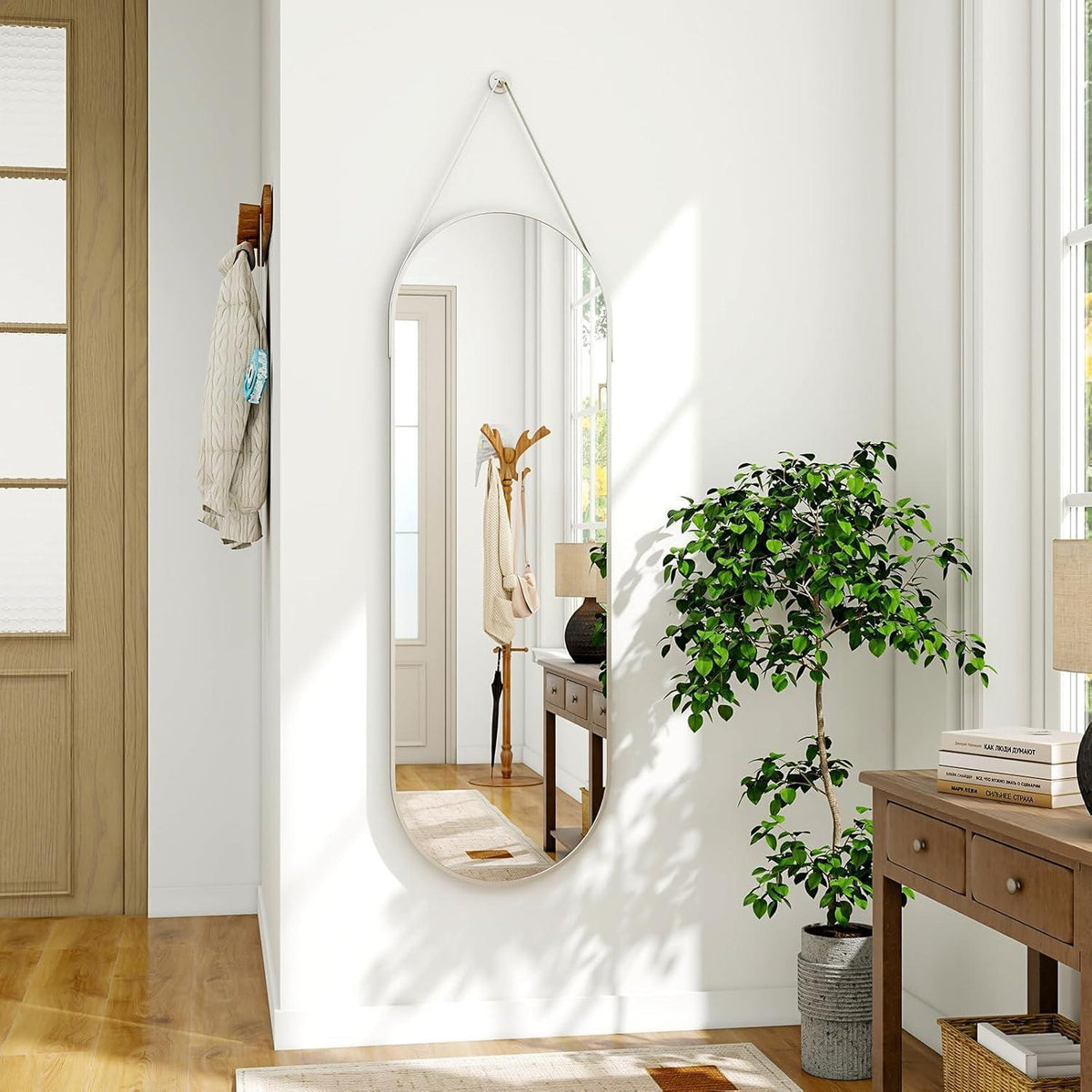 Ovaler Hänge-Spiegel 120x40cm mit Band – Silber in Lederoptik