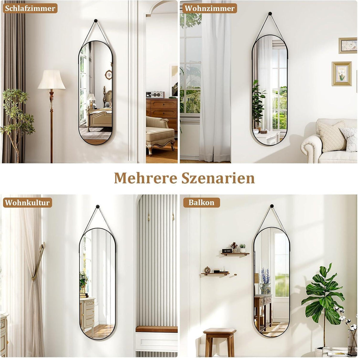 Ovaler Wandspiegel 120x40cm mit Band – Modern & Elegant in Lederoptik