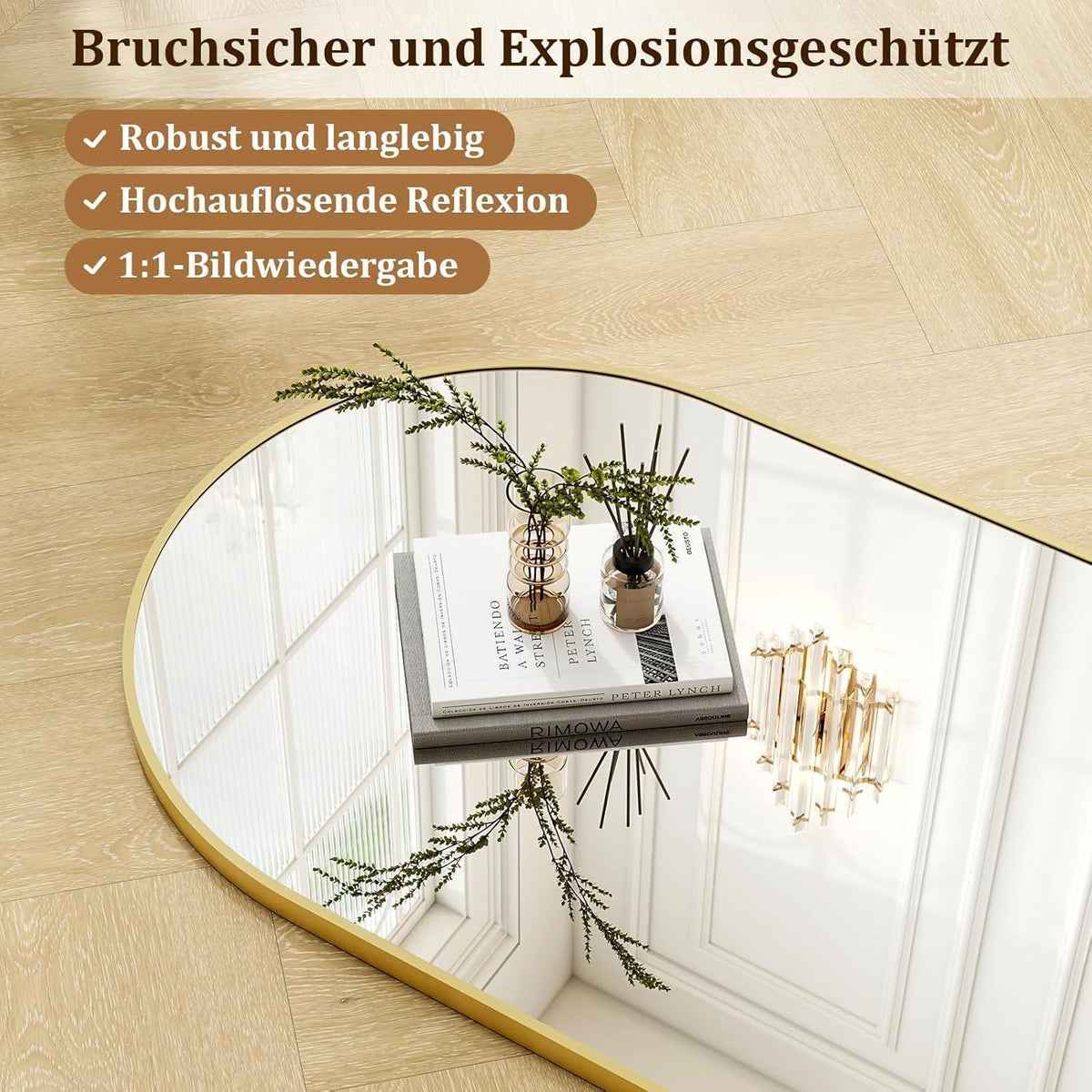 Ovaler Hänge-Spiegel 120x40cm mit Band – Gold in Lederoptik